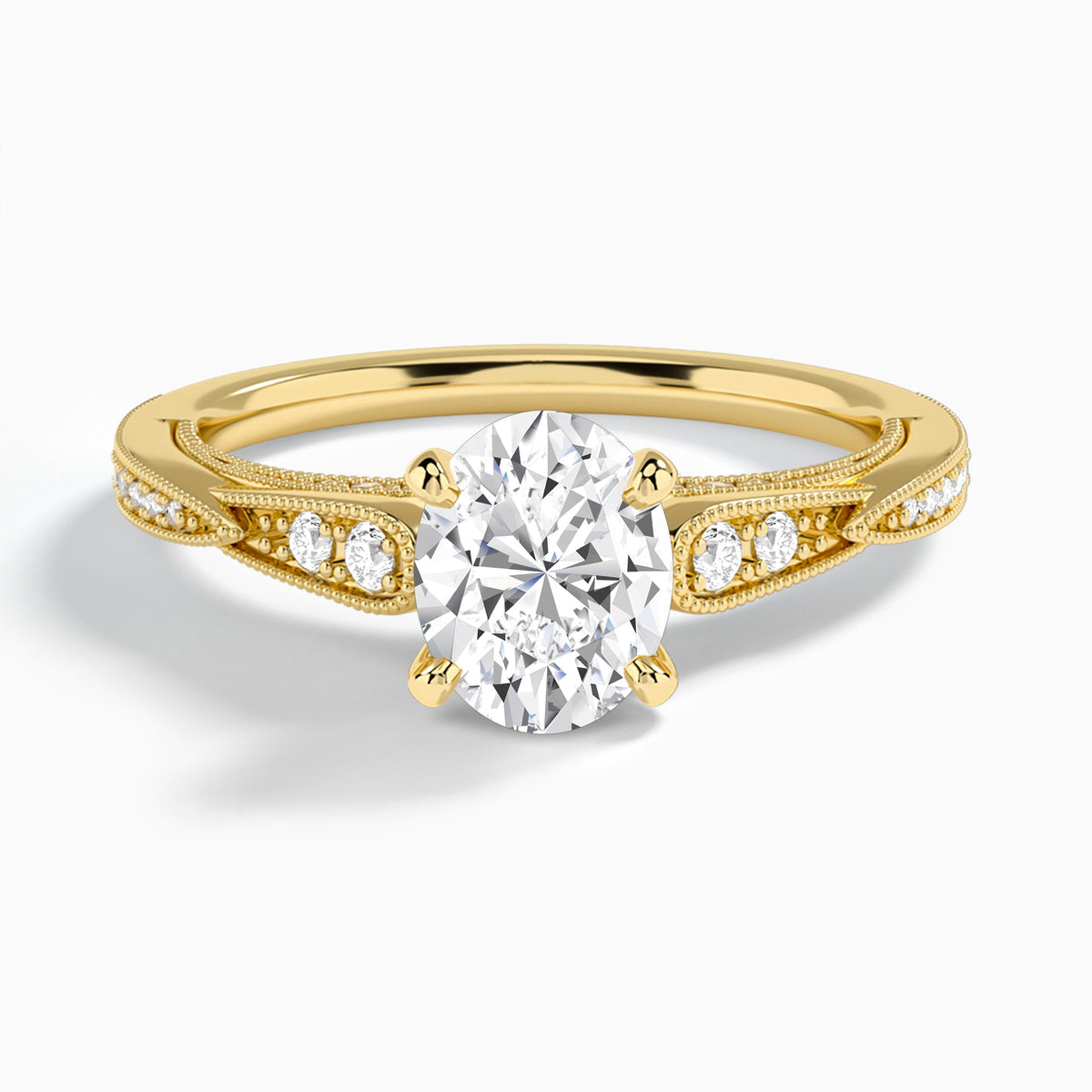 Oval Milgrain Scalloped Lab Diamond Engagement Ring In 18K Yellow Gold - Lucenjuri