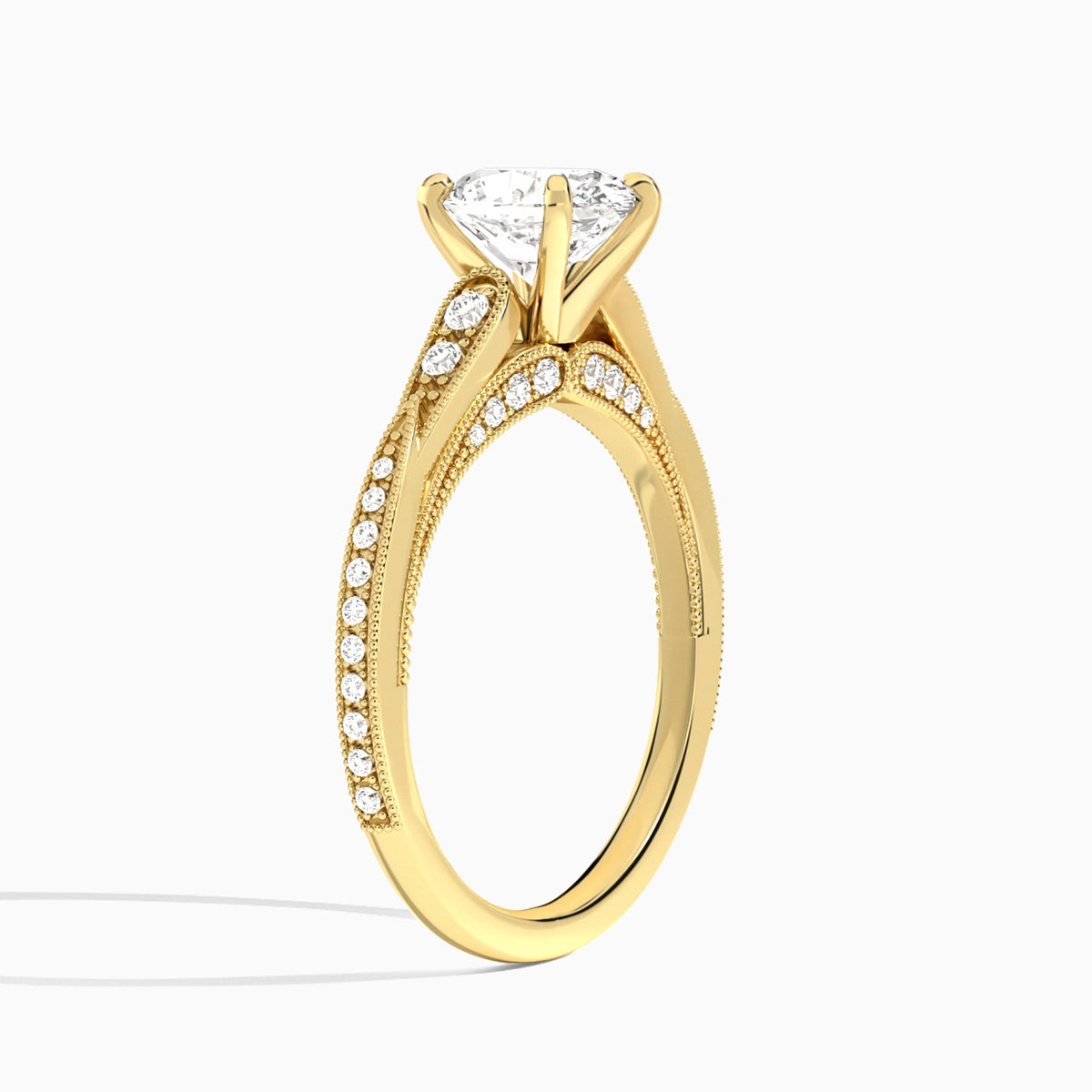Oval Milgrain Scalloped Lab Diamond Engagement Ring In 18K Yellow Gold, Angle View