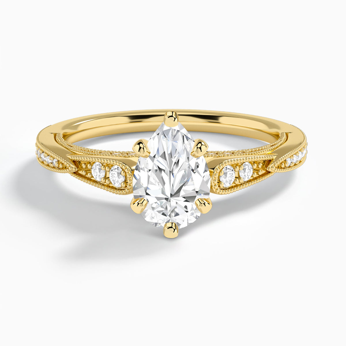 Pear Milgrain Scalloped Lab Diamond Engagement Ring In 14K Yellow Gold - Lucenjuri