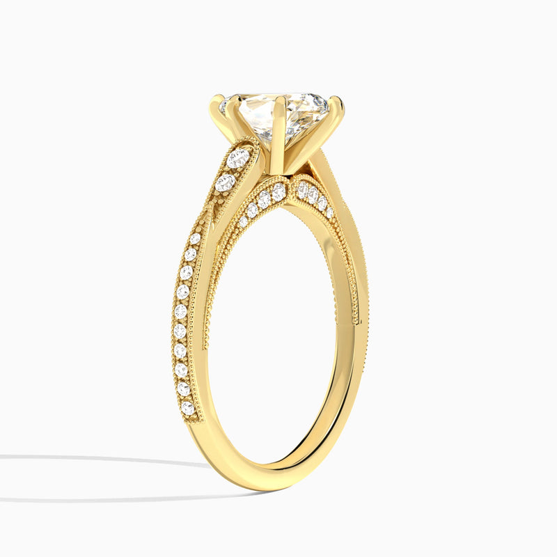Pear Milgrain Scalloped Lab Diamond Engagement Ring In 14K Yellow Gold, Angle View
