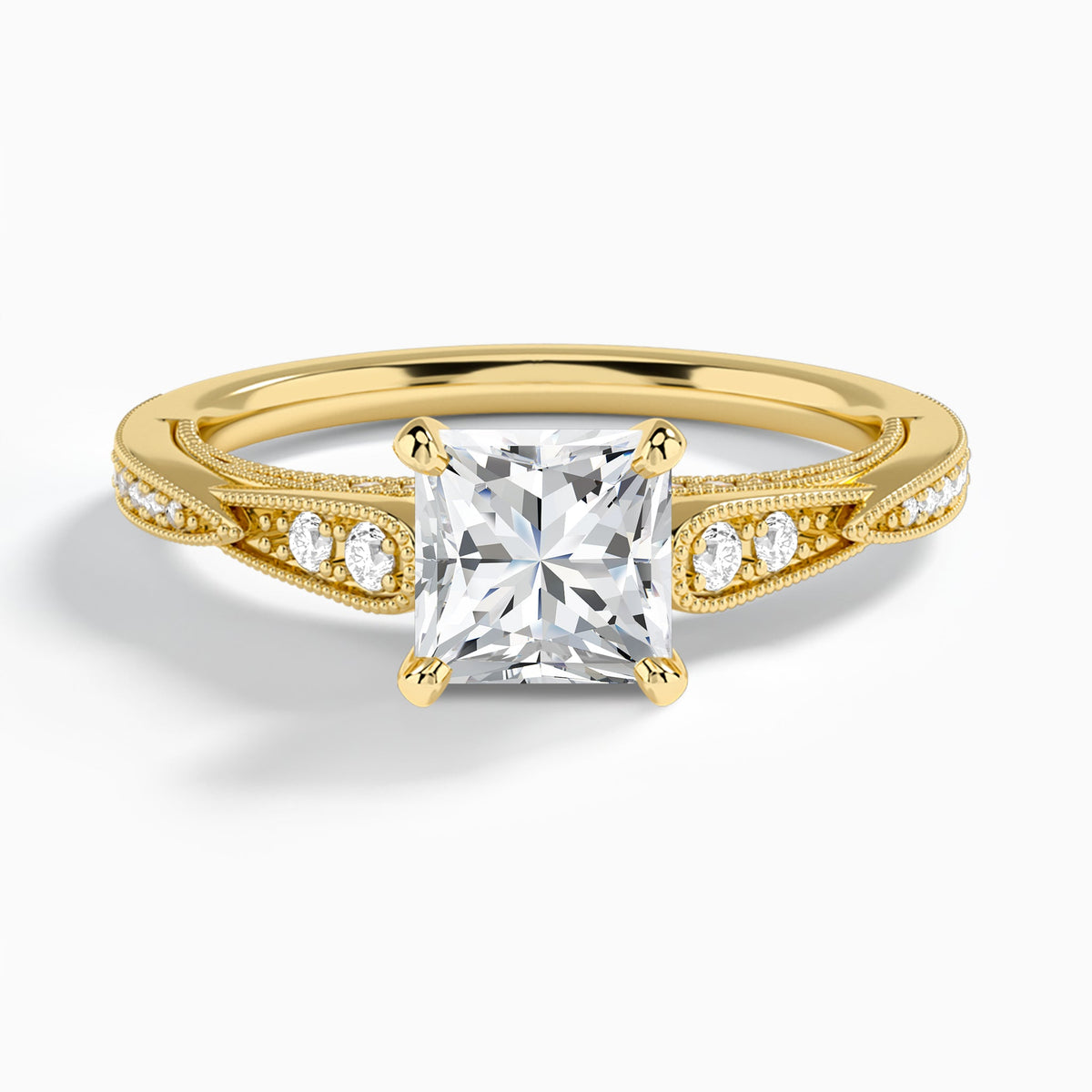 Princess Milgrain Scalloped Lab Diamond Engagement Ring In 14K Yellow Gold - Lucenjuri