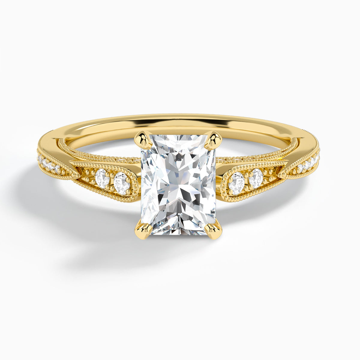 Radiant Milgrain Scalloped Lab Diamond Engagement Ring In 18K Yellow Gold - Lucenjuri