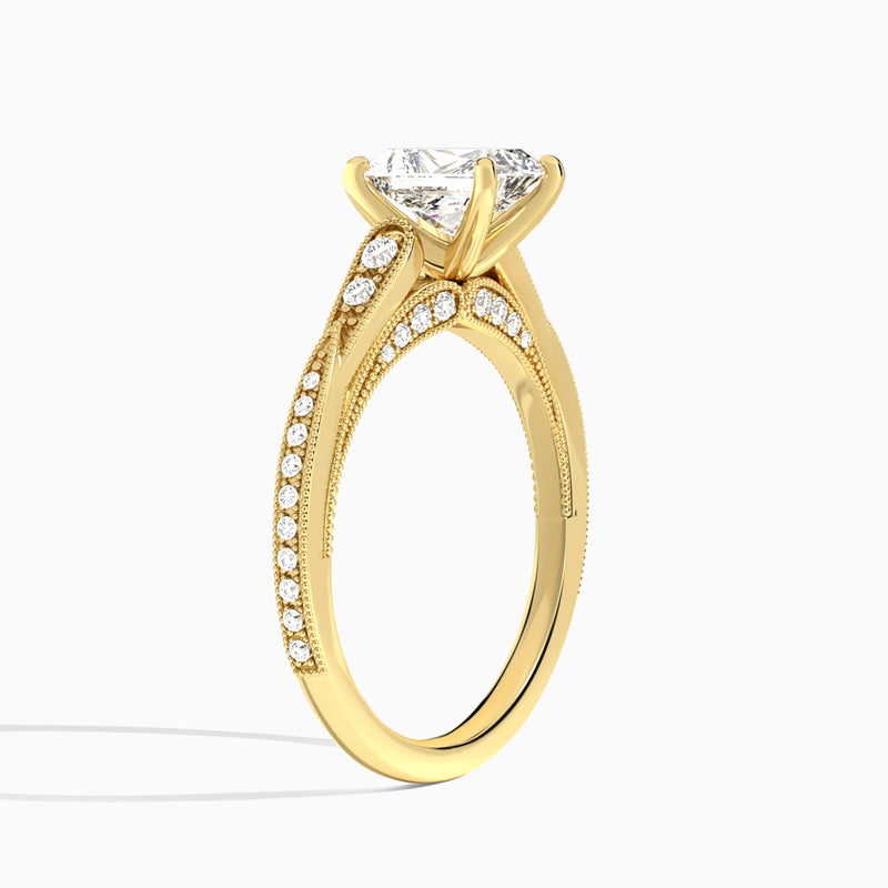 Radiant Milgrain Scalloped Lab Diamond Engagement Ring In 18K Yellow Gold, Angle View