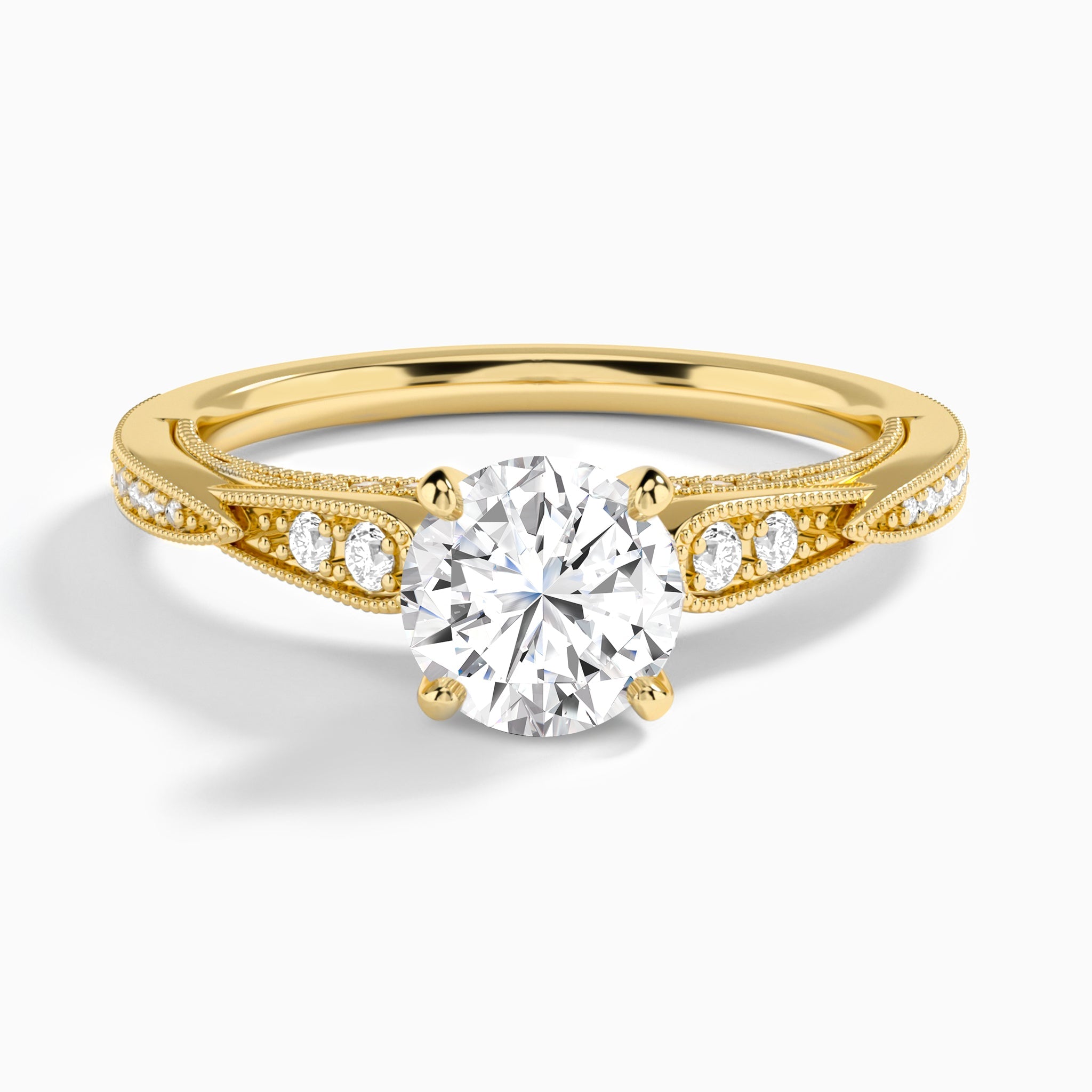 Round Milgrain Scalloped Lab Diamond Engagement Ring In 14K Yellow Gold - Lucenjuri