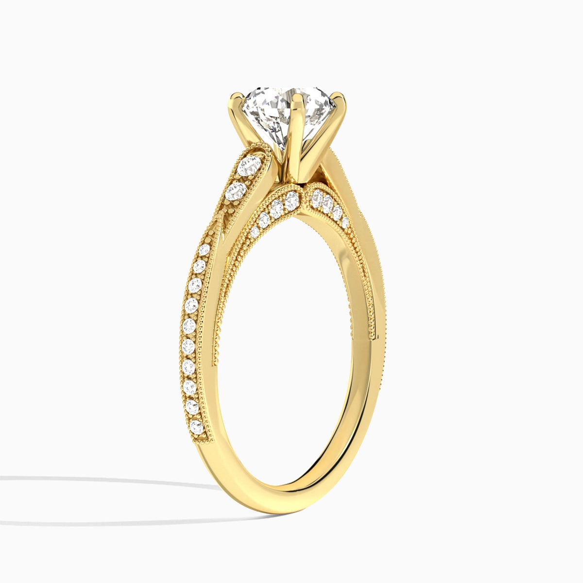 Round Milgrain Scalloped Lab Diamond Engagement Ring In 18K Yellow Gold, Angle View