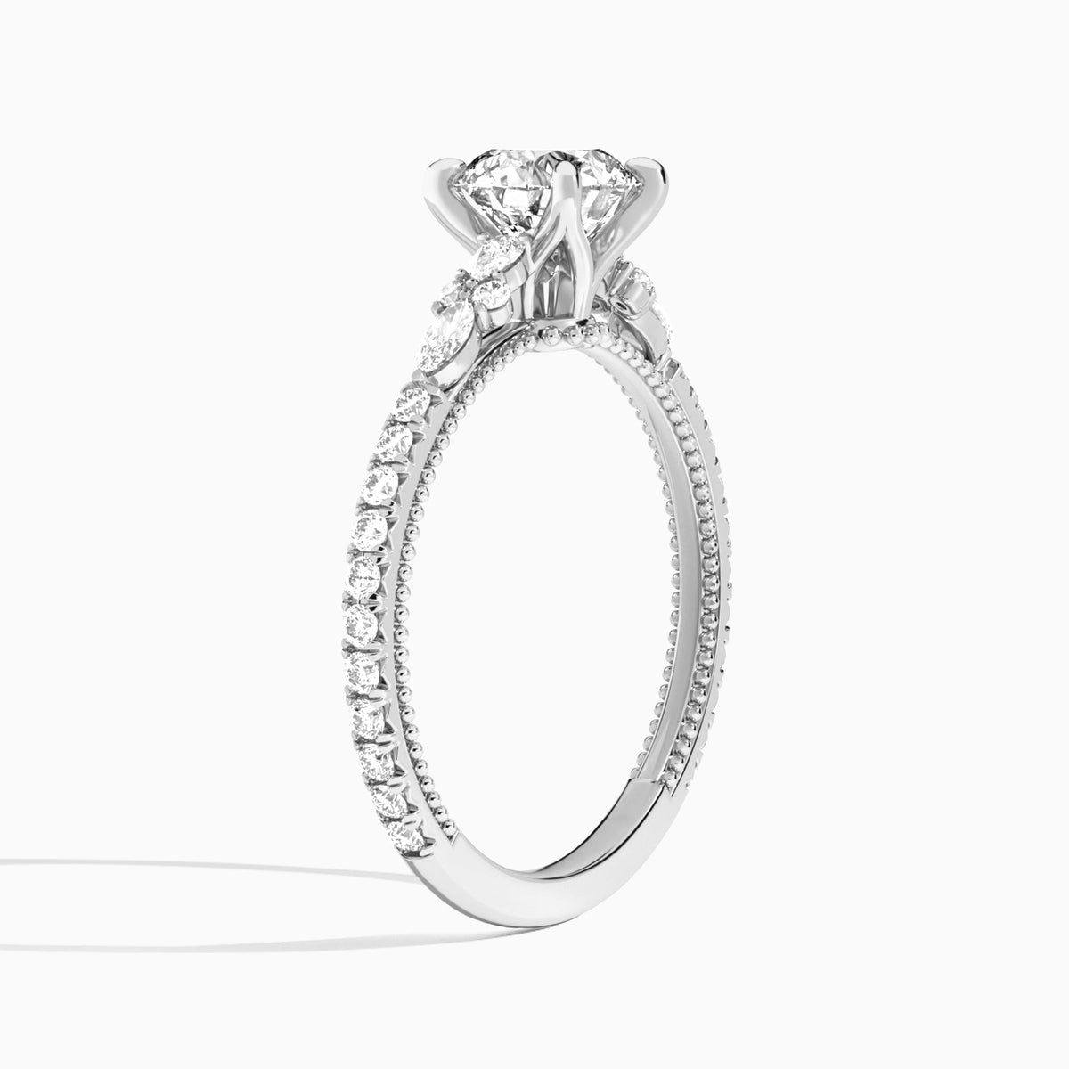 Round Celestia Lab Grown Diamond Engagement Ring In Platinum, Angle View