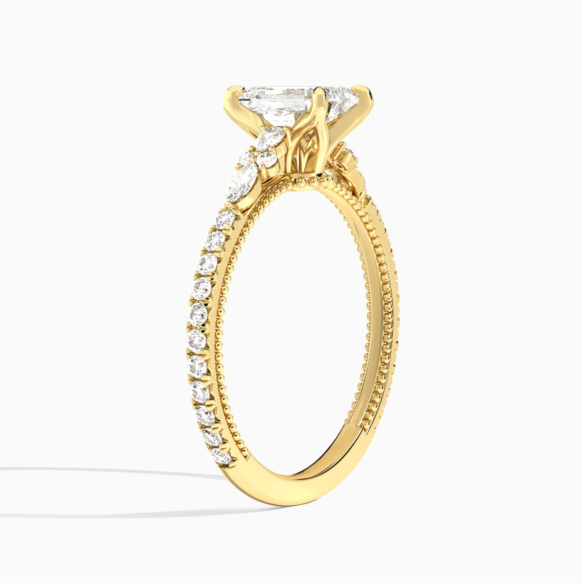Emerald Celestia Lab Grown Diamond Engagement Ring In 18K Yellow Gold, Angle View