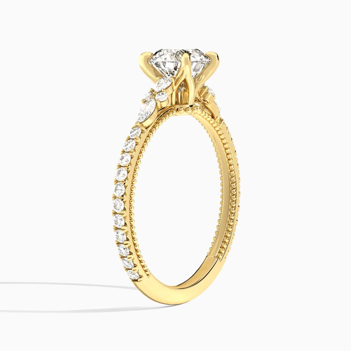 Round Celestia Lab Grown Diamond Engagement Ring In 18K Yellow Gold, Angle View