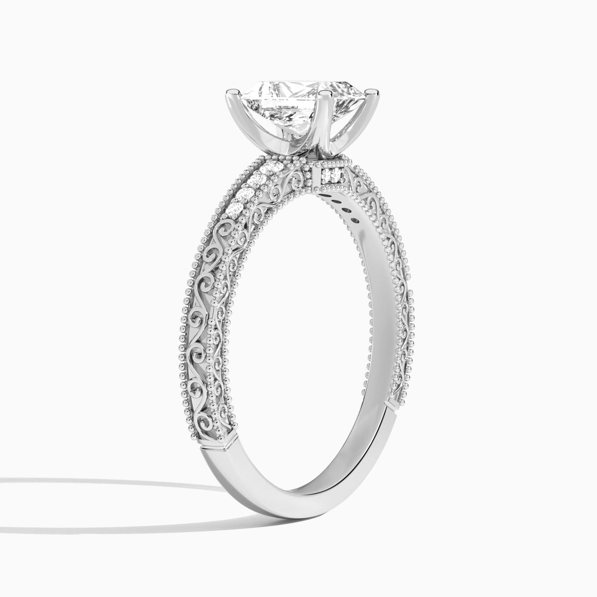 Radiant Luxe Francis Engraved Lab Diamond Engagement Ring In Platinum, Angle View