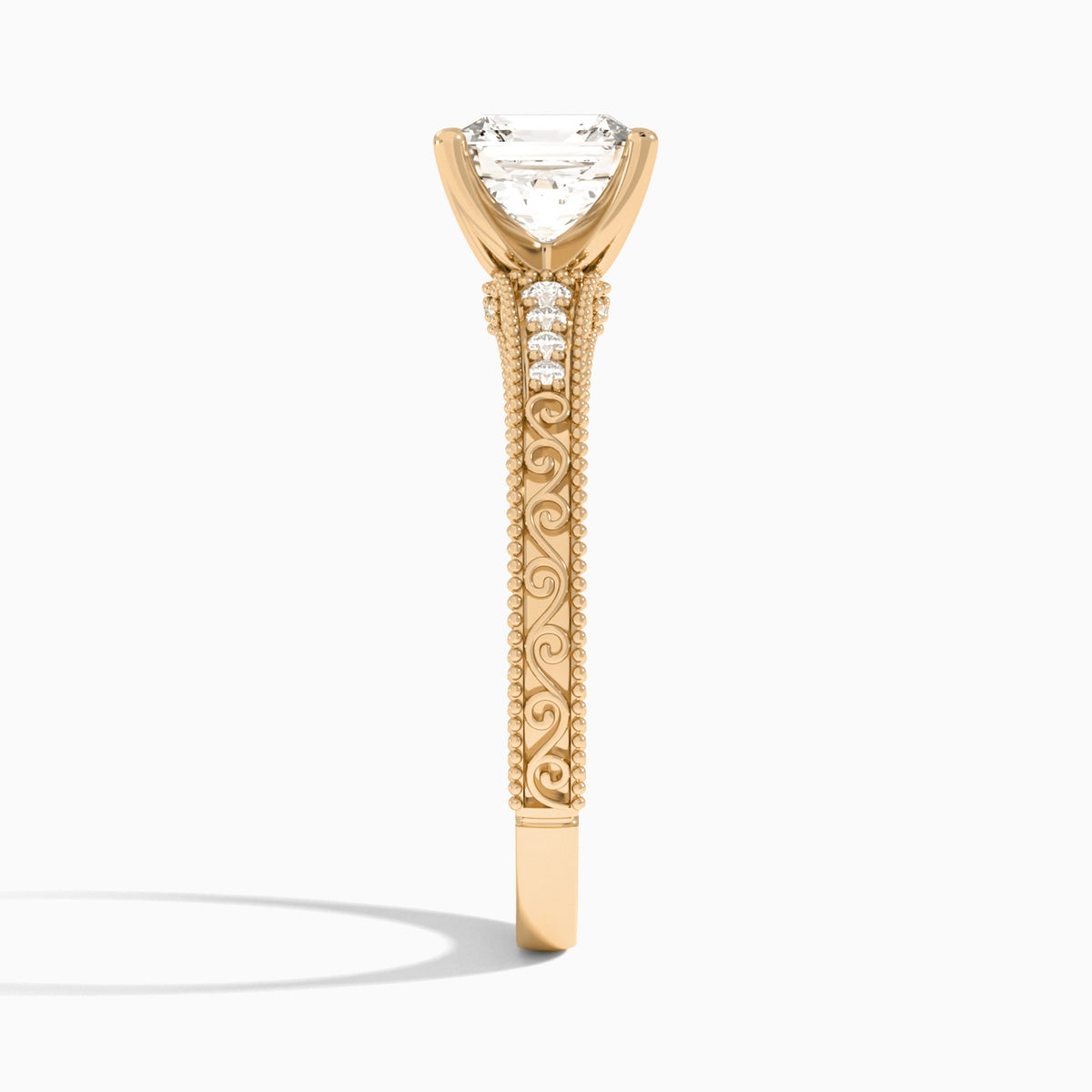 Asscher Luxe Engraved Lab Diamond Engagement Ring In 14K Rose Gold, Side View