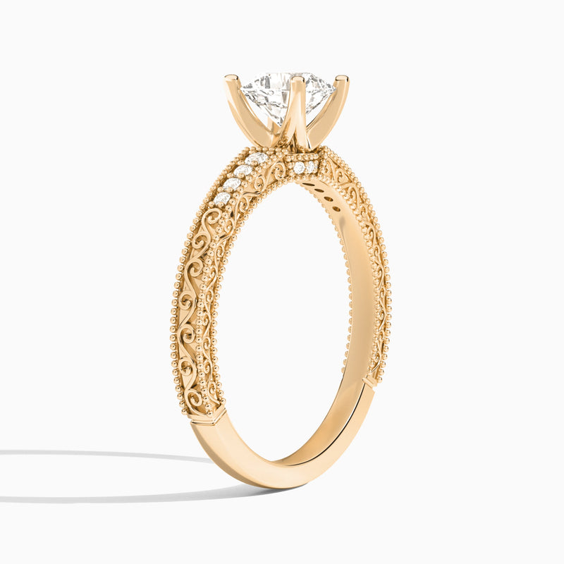 Cushion Luxe Engraved Lab Diamond Engagement Ring In 14K Rose Gold, Angle View