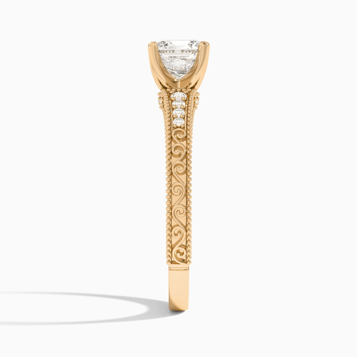 Cushion Luxe Engraved Lab Diamond Engagement Ring In 14K Rose Gold, Side View