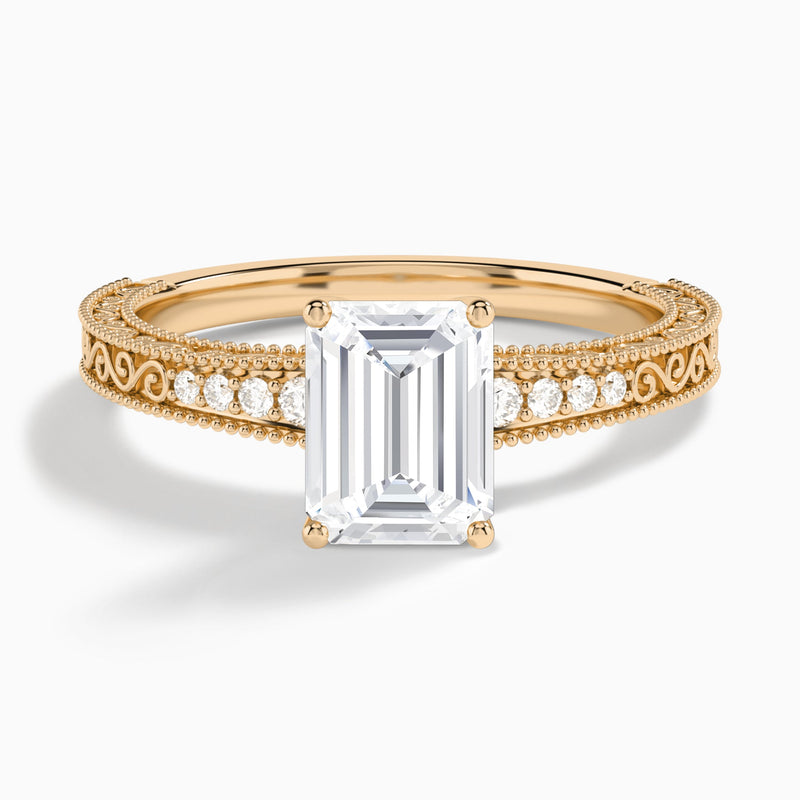 Emerald Luxe Engraved Lab Diamond Engagement Ring In 14K Rose Gold - Lucenjuri