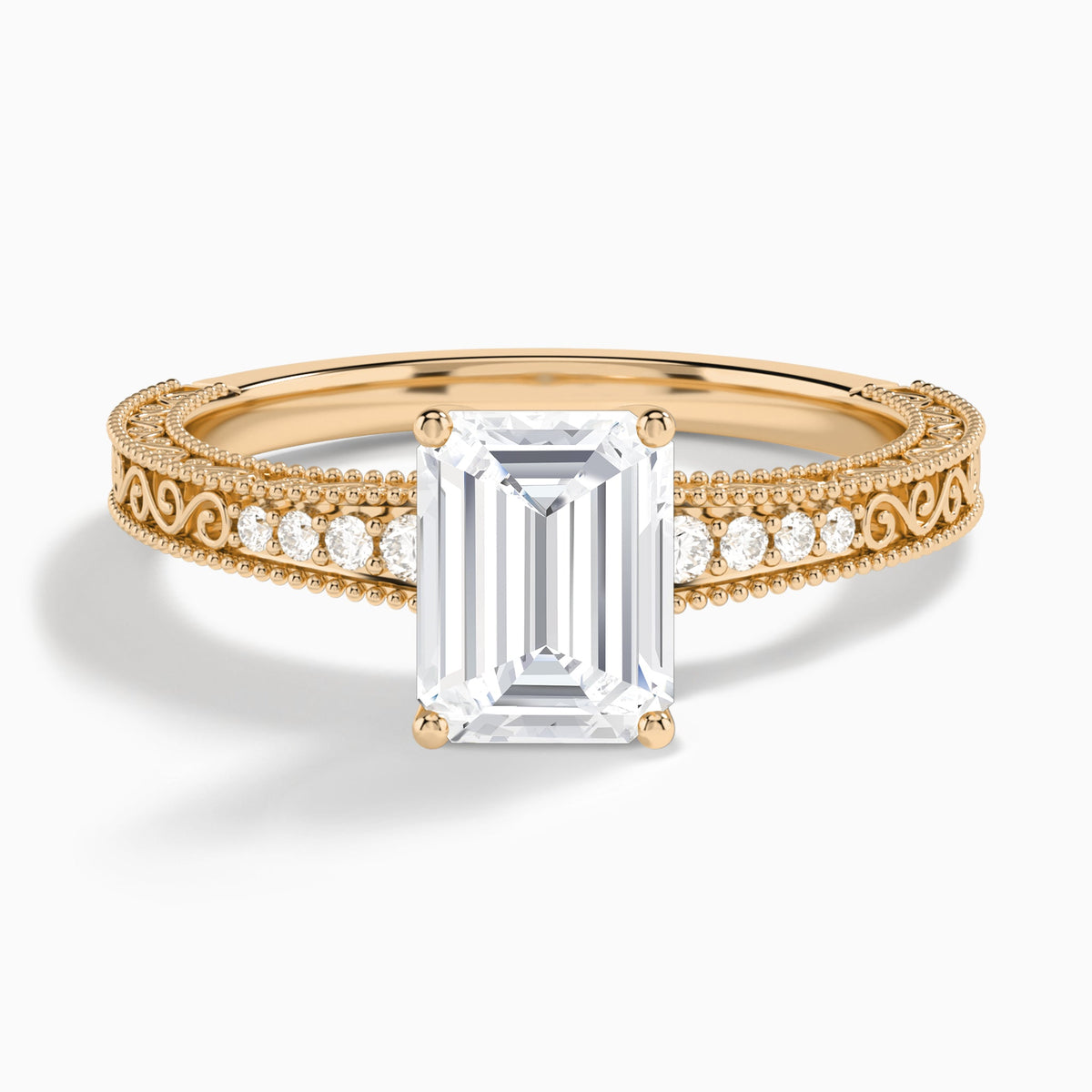 Emerald Luxe Engraved Lab Diamond Engagement Ring In 14K Rose Gold - Lucenjuri