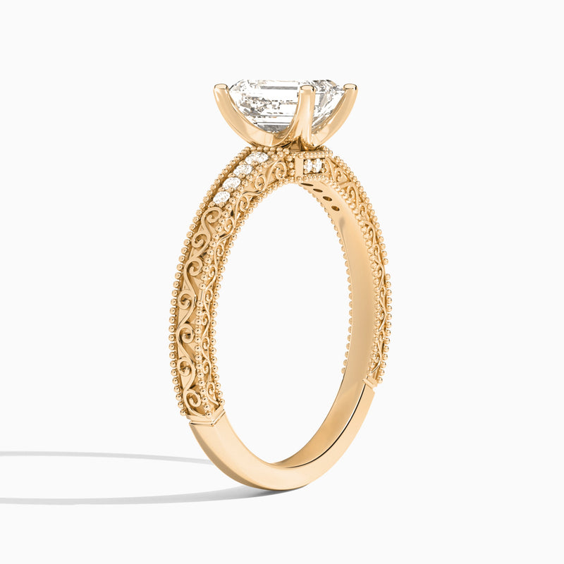 Emerald Luxe Engraved Lab Diamond Engagement Ring In 14K Rose Gold, Angle View