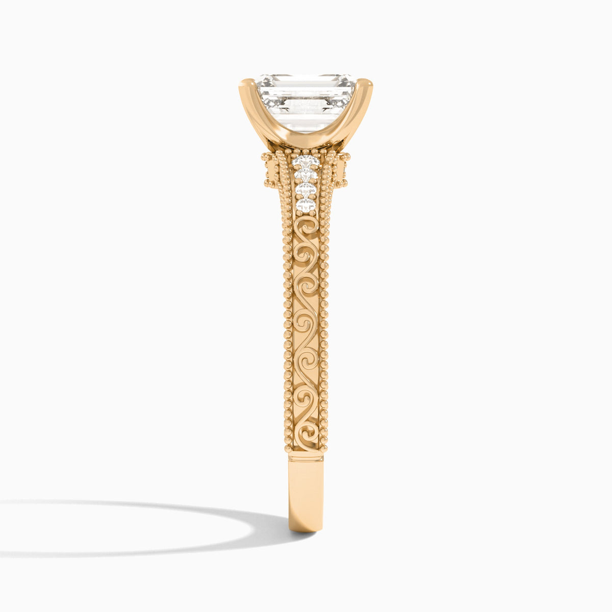 Emerald Luxe Engraved Lab Diamond Engagement Ring In 14K Rose Gold, Side View