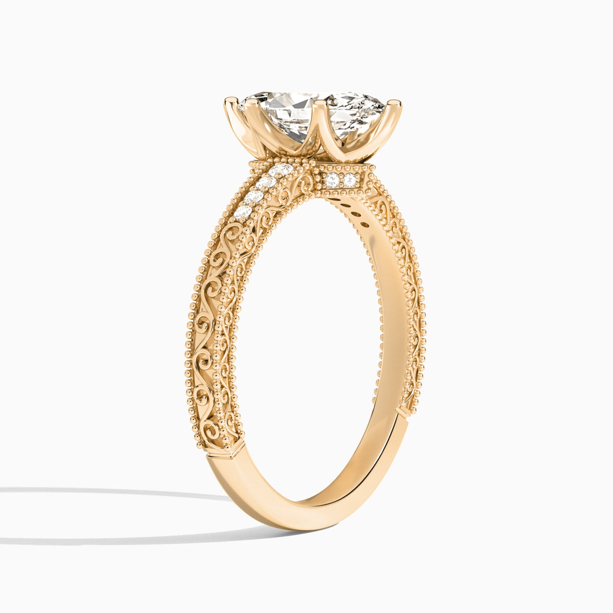 Marquise Luxe Engraved Lab Diamond Engagement Ring In 14K Rose Gold, Angle View