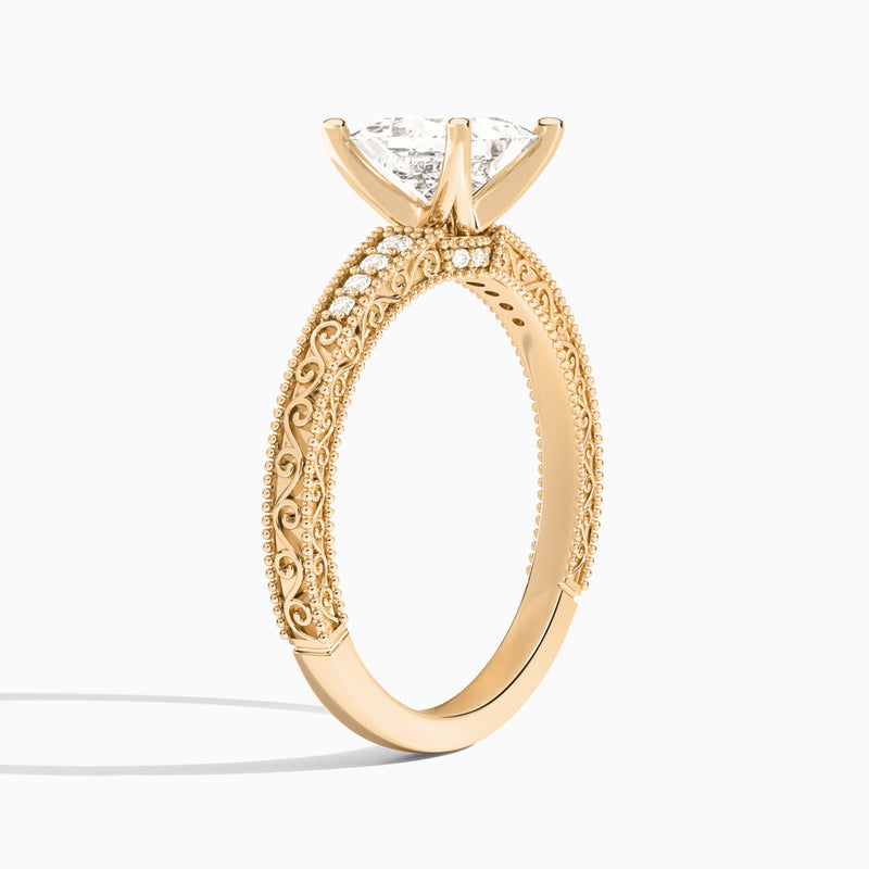 Princess Luxe Engraved Lab Diamond Engagement Ring In 14K Rose Gold, Angle View