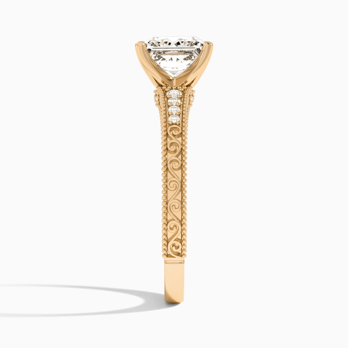 Princess Luxe Engraved Lab Diamond Engagement Ring In 14K Rose Gold, Side View
