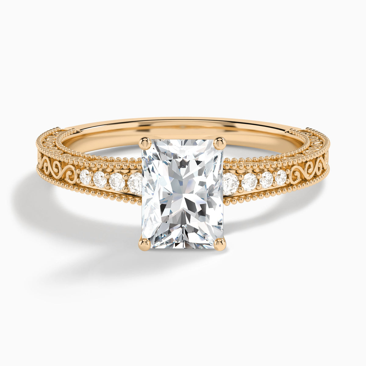 Radiant Luxe Engraved Lab Diamond Engagement Ring In 14K Rose Gold - Lucenjuri
