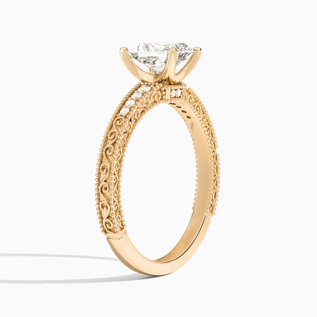 Radiant Luxe Engraved Lab Diamond Engagement Ring In 14K Rose Gold, Angle View
