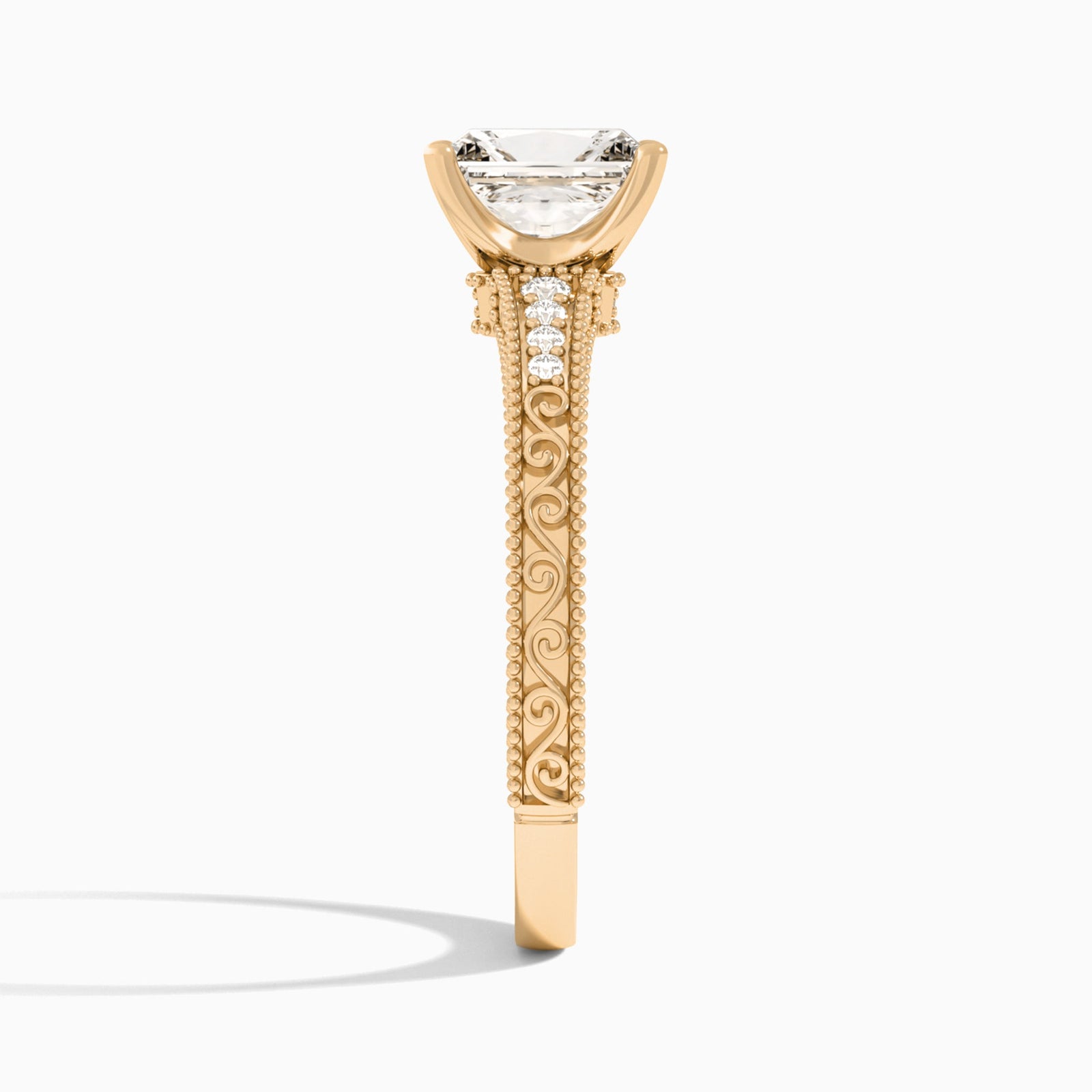 Radiant Luxe Engraved Lab Diamond Engagement Ring In 14K Rose Gold, Side View