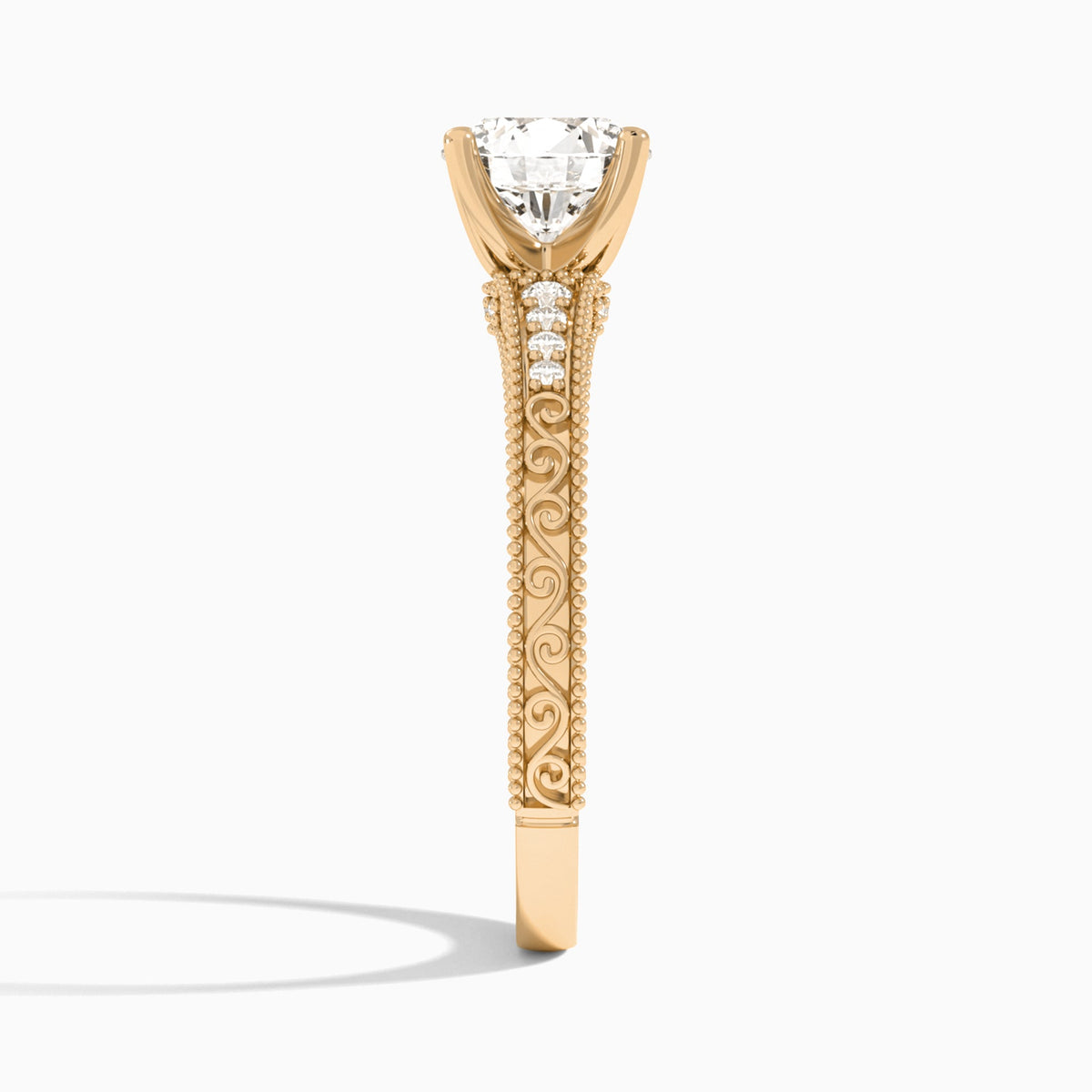 Round Luxe Engraved Lab Diamond Engagement Ring In 14K Rose Gold, Side View