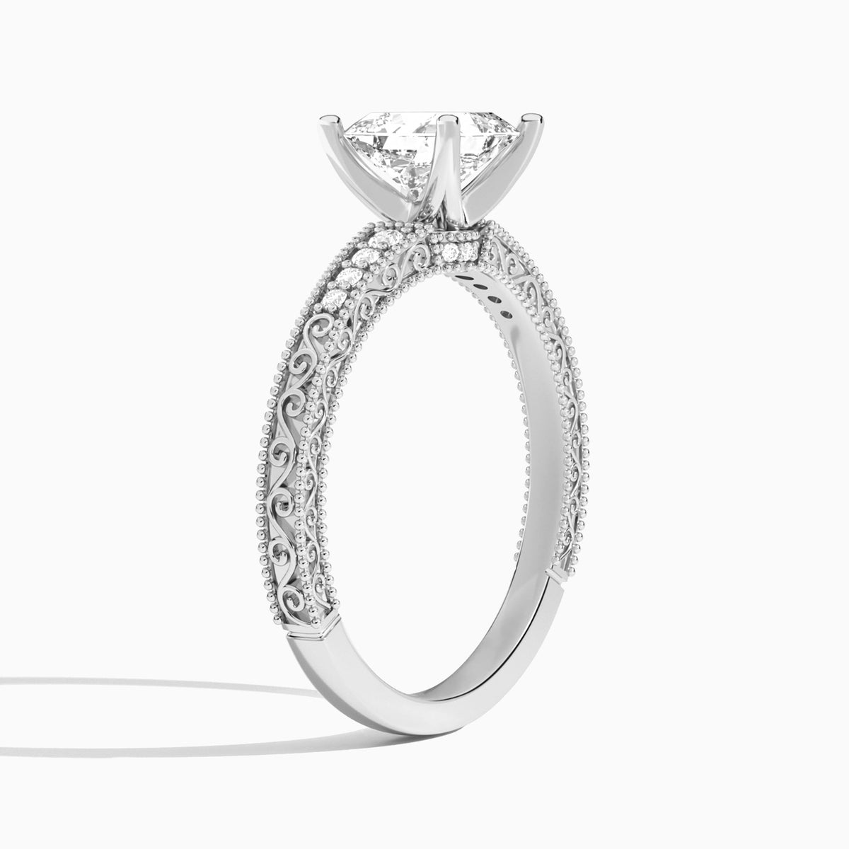 Asscher Luxe Engraved Lab Diamond Engagement Ring In 14K White Gold, Angle View