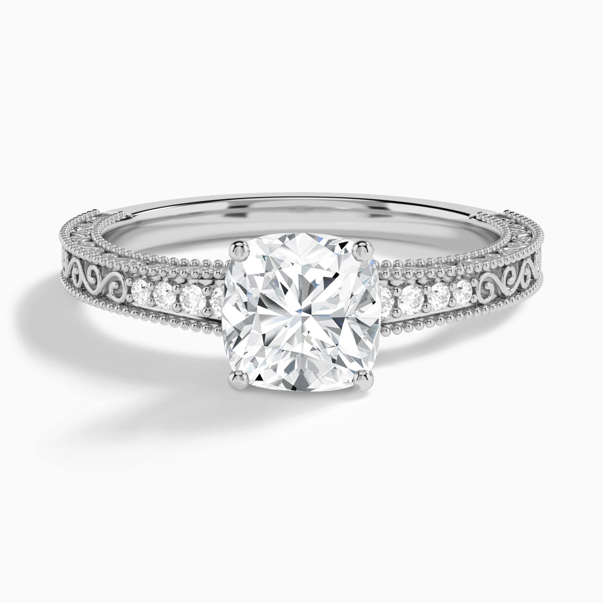Cushion Luxe Engraved Lab Diamond Engagement Ring In 14K White Gold - Lucenjuri