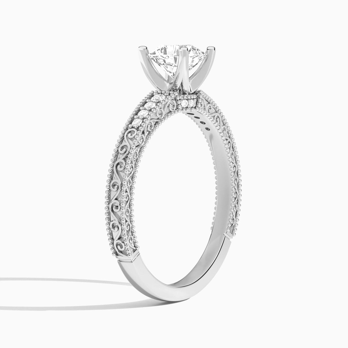 Cushion Luxe Engraved Lab Diamond Engagement Ring In 18K White Gold, Angle View