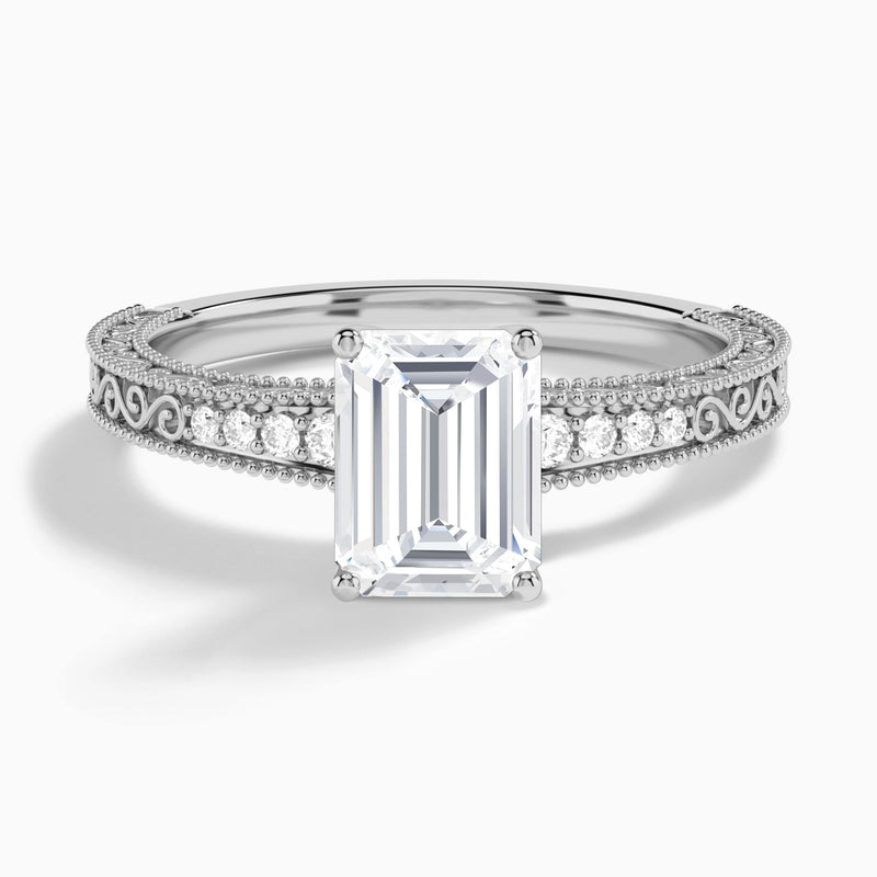 Emerald Luxe Engraved Lab Diamond Engagement Ring In 14K White Gold