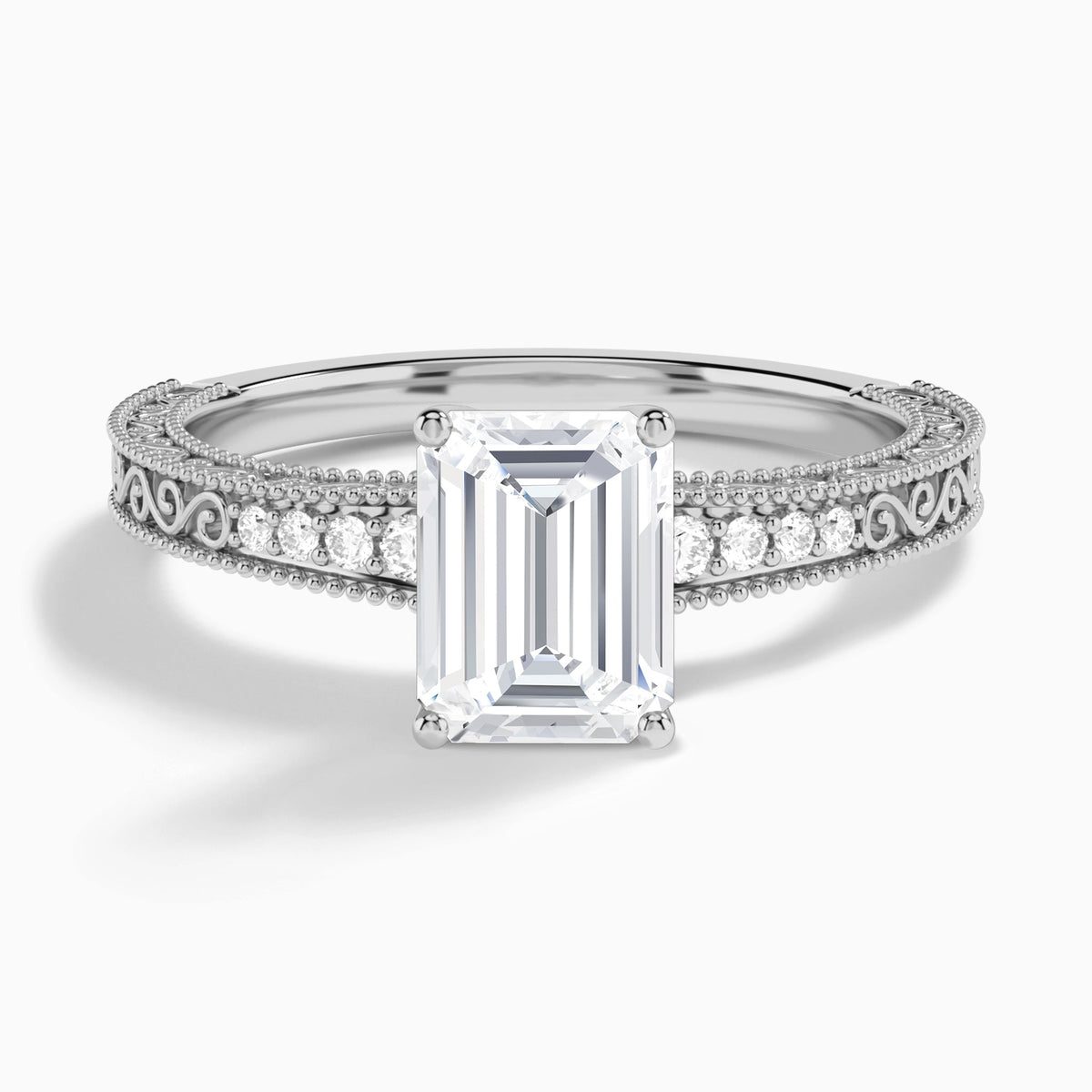 Emerald Luxe Engraved Lab Diamond Engagement Ring In 18K White Gold - Lucenjuri