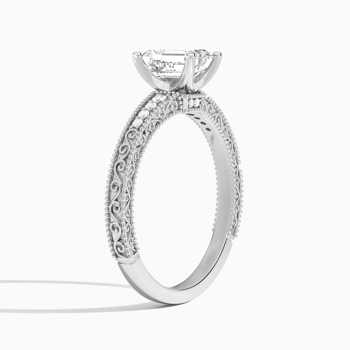 Emerald Luxe Engraved Lab Diamond Engagement Ring In 14K White Gold, Angle View