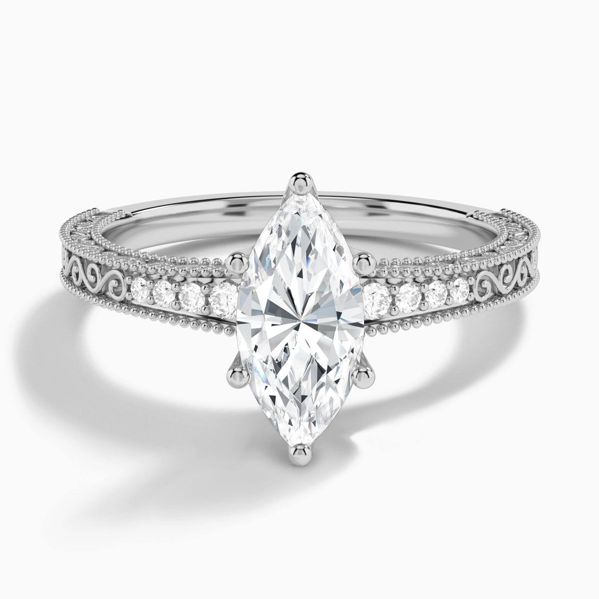 Marquise Luxe Engraved Lab Diamond Engagement Ring In 14K White Gold - Lucenjuri