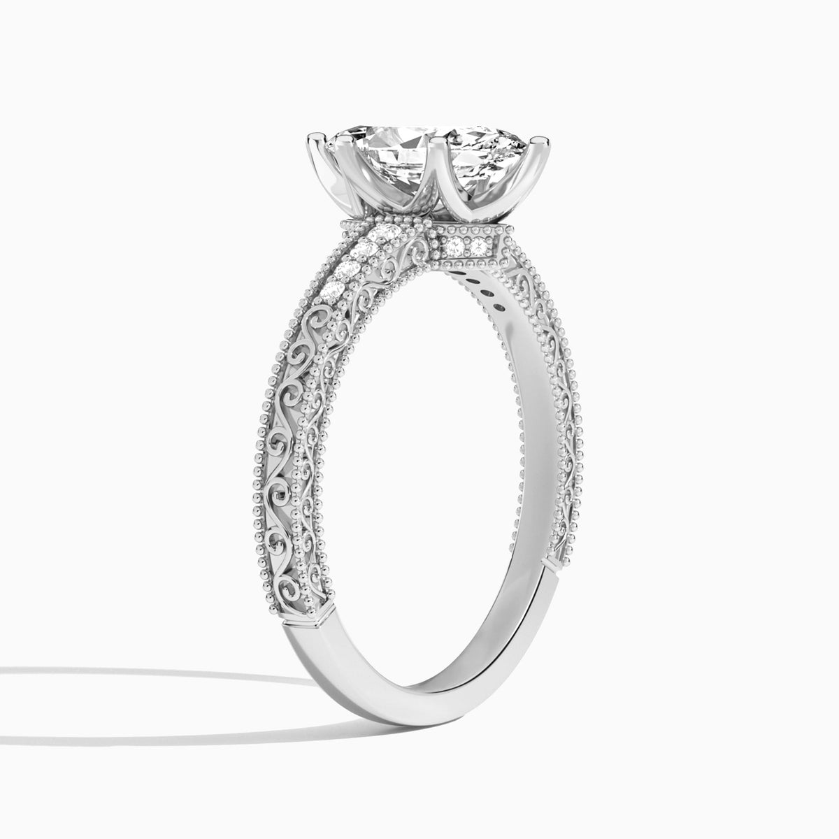 Marquise Luxe Engraved Lab Diamond Engagement Ring In 18K White Gold, Angle View