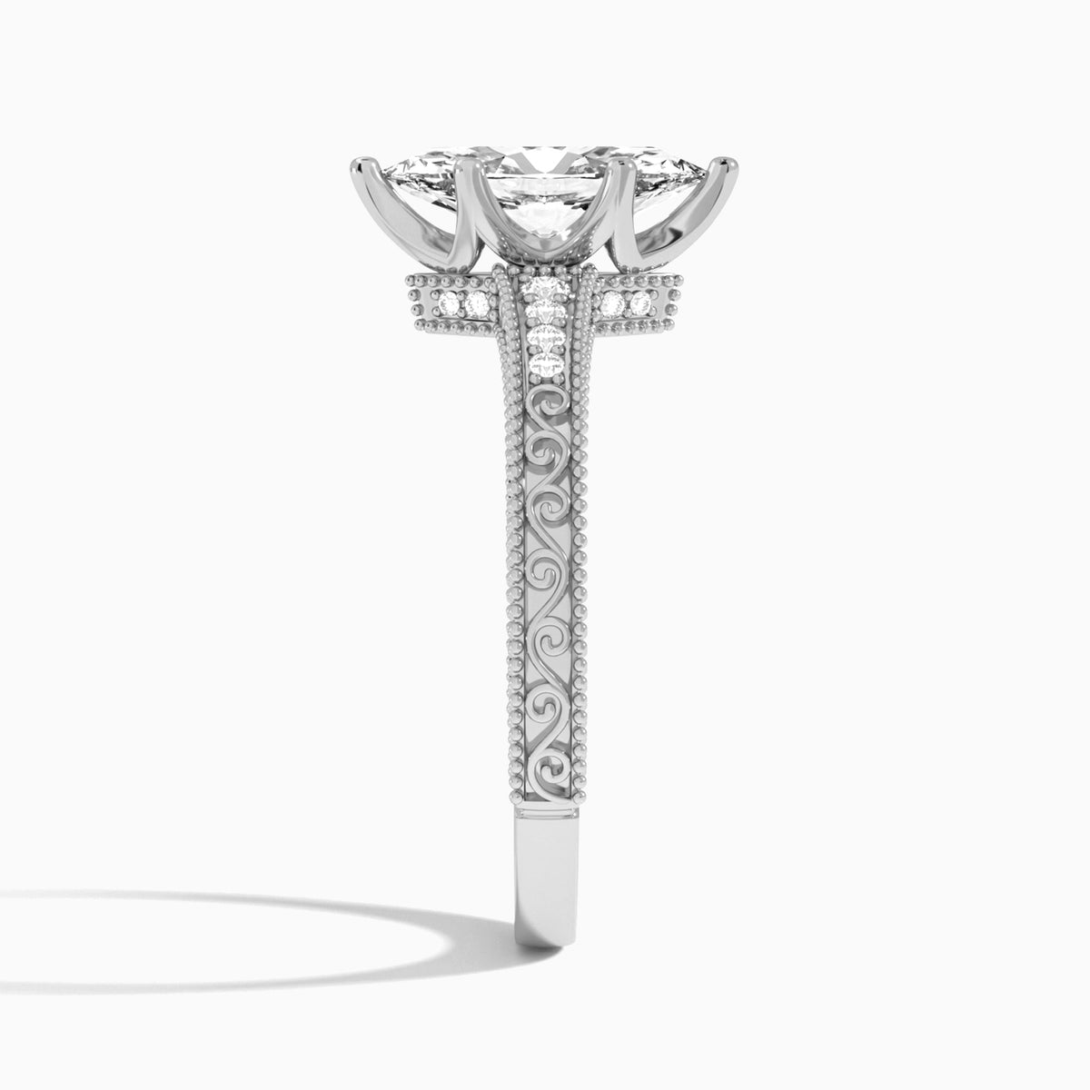 Marquise Luxe Engraved Lab Diamond Engagement Ring In 14K White Gold, Side View