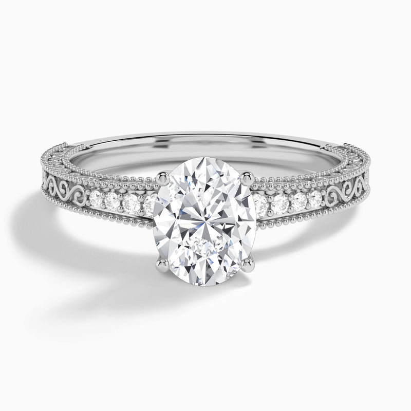 Oval Luxe Engraved Lab Diamond Engagement Ring In 14K White Gold - Lucenjuri