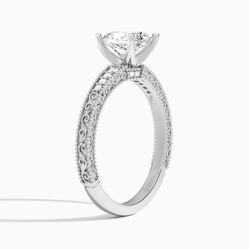 Oval Luxe Engraved Lab Diamond Engagement Ring In 18K White Gold, Angle View