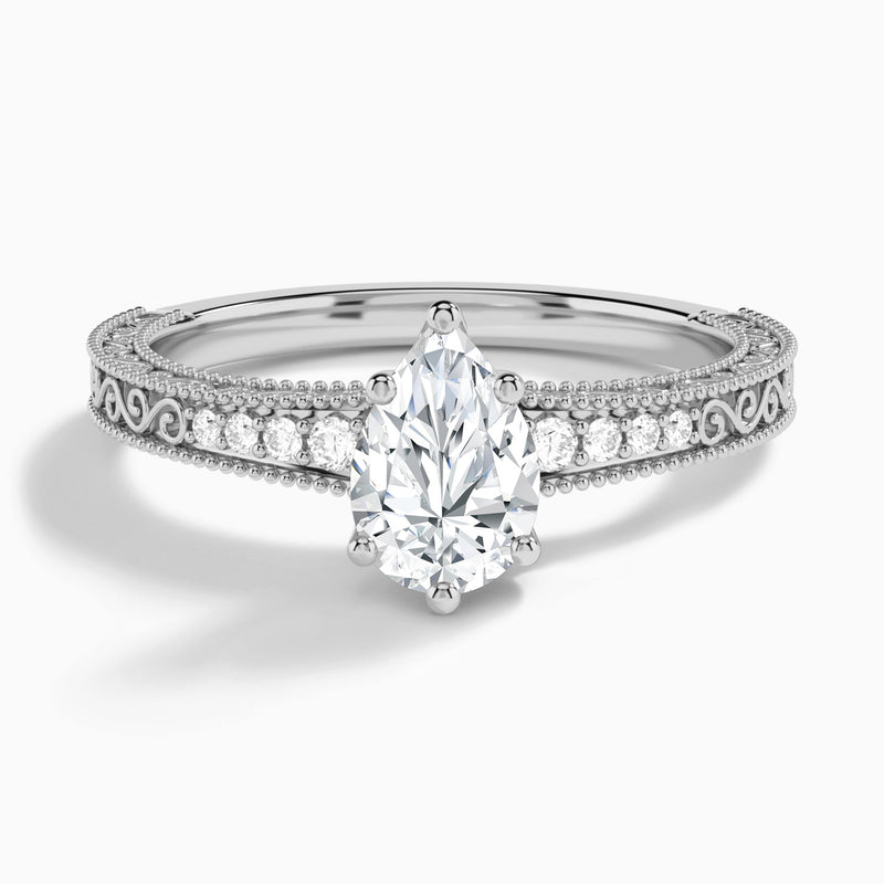 Pear Luxe Engraved Lab Diamond Engagement Ring In 14K White Gold - Lucenjuri