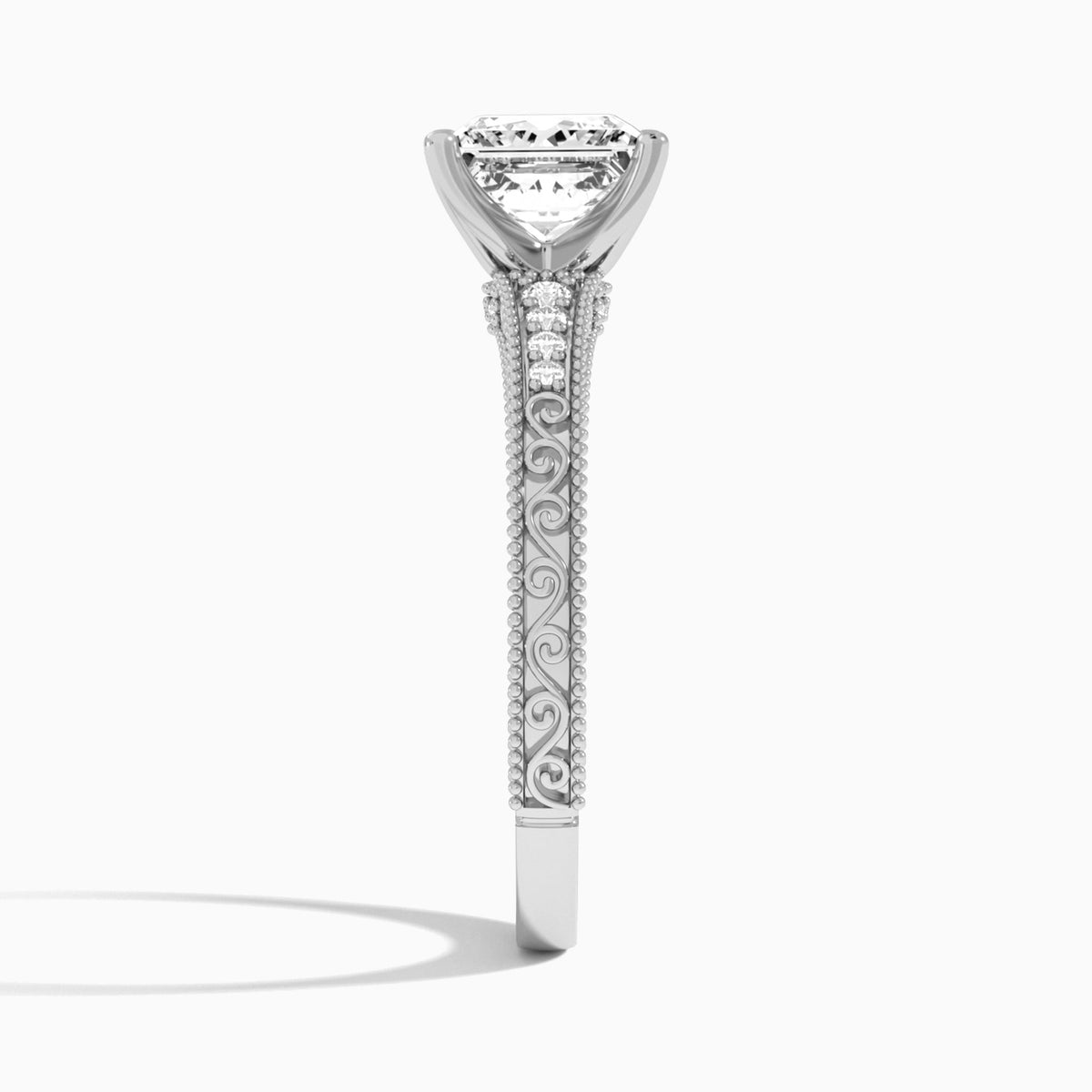 Princess Luxe Engraved Lab Diamond Engagement Ring In 14K White Gold, Side View