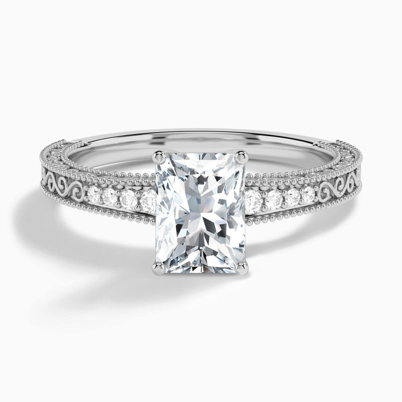 Radiant Luxe Engraved Lab Diamond Engagement Ring In 14K White Gold