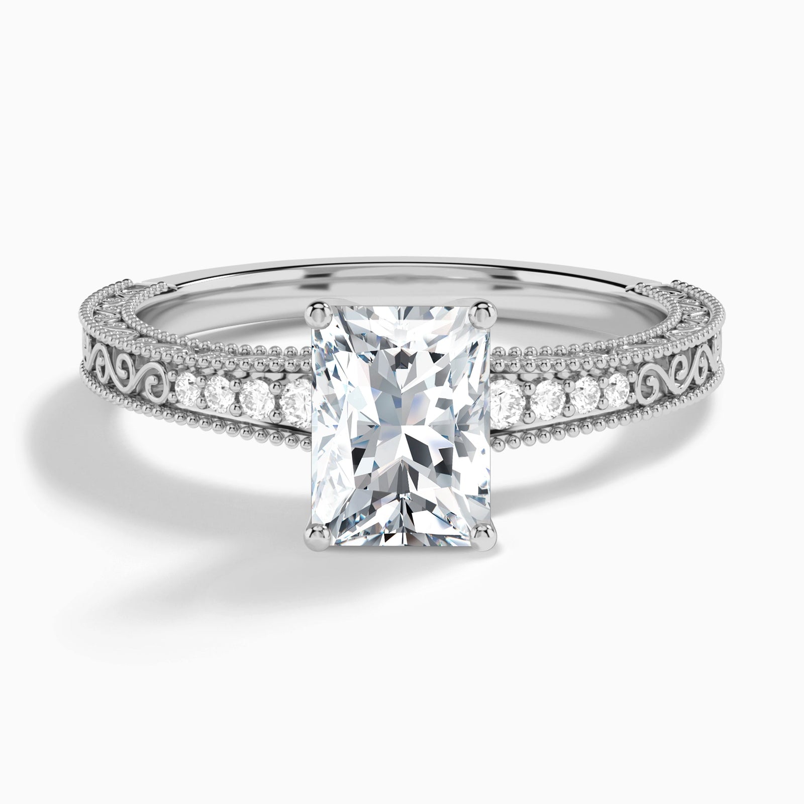 Radiant Luxe Engraved Lab Diamond Engagement Ring In 14K White Gold - Lucenjuri