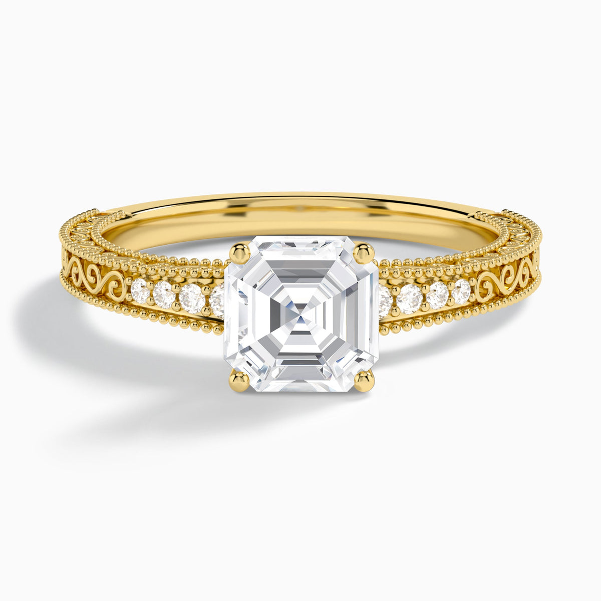 Asscher Luxe Engraved Lab Diamond Engagement Ring In 14K Yellow Gold - Lucenjuri