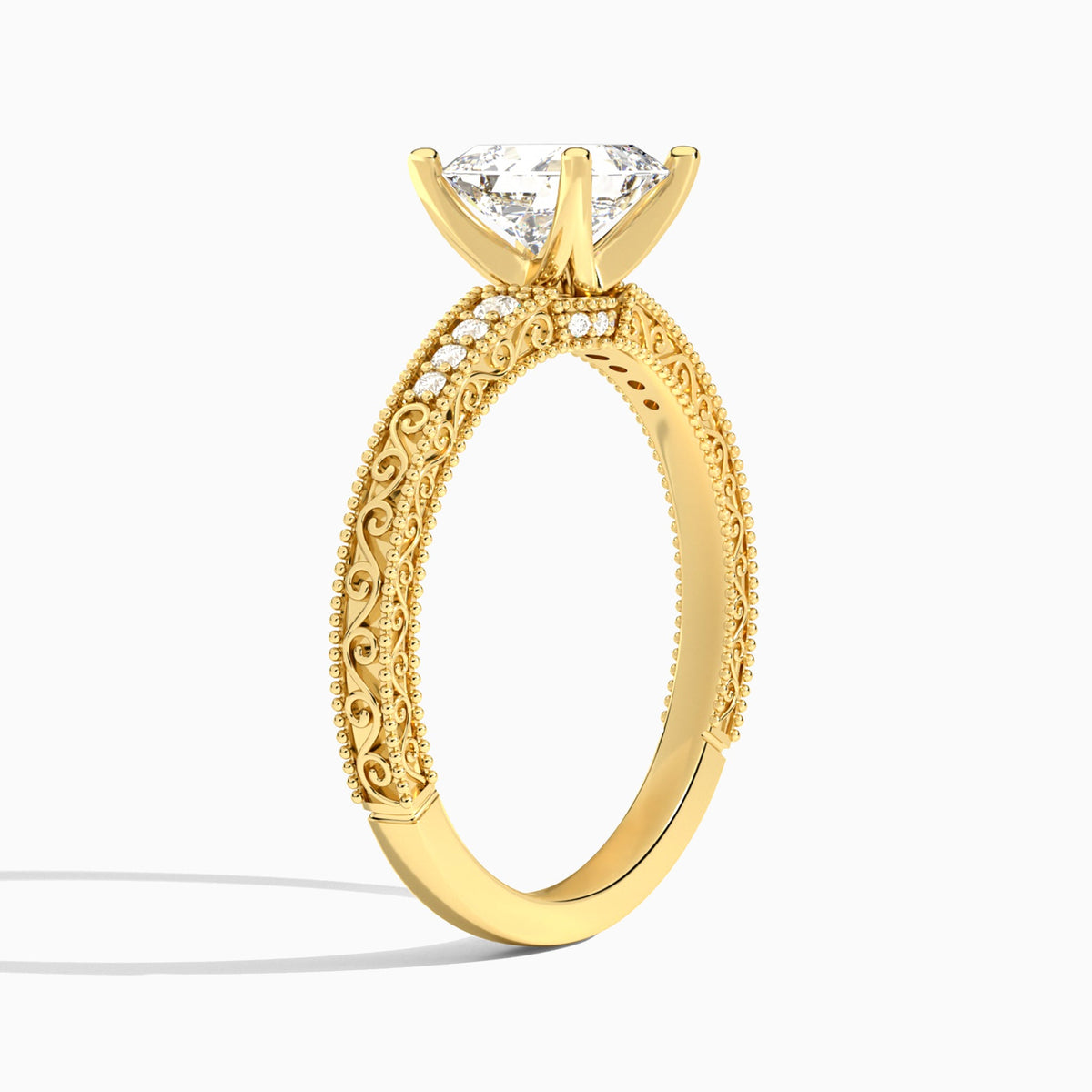 Asscher Luxe Engraved Lab Diamond Engagement Ring In 18K Yellow Gold, Angle View