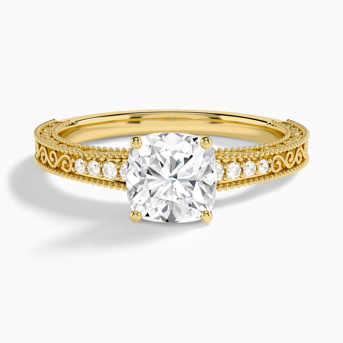 Cushion Luxe Engraved Lab Diamond Engagement Ring In 14K Yellow Gold - Lucenjuri
