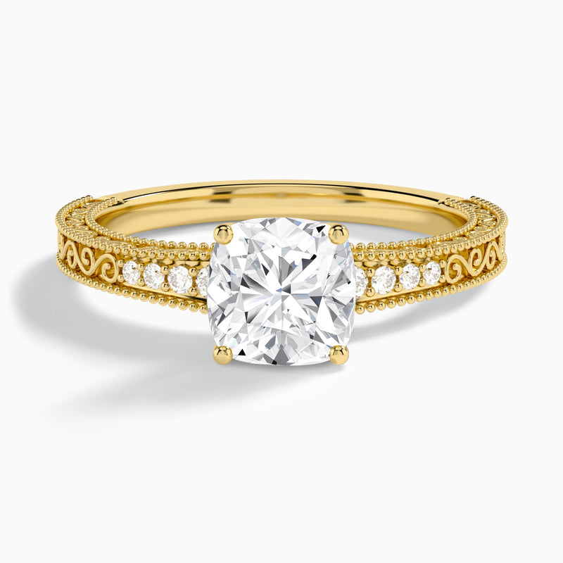 Cushion Luxe Engraved Lab Diamond Engagement Ring In 18K Yellow Gold - Lucenjuri