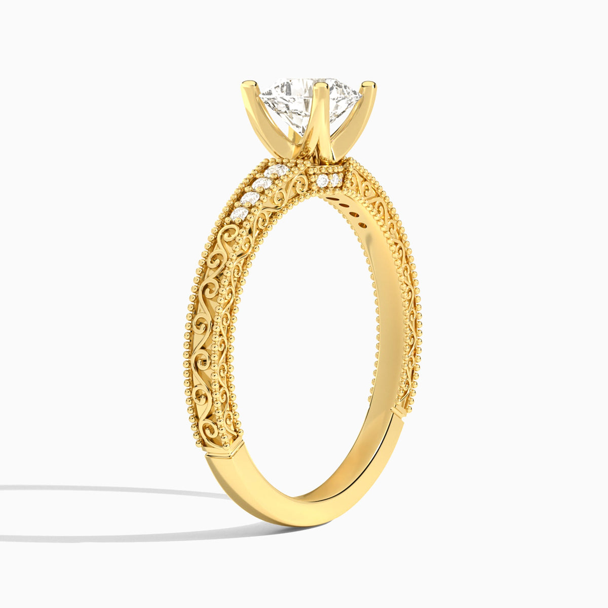 Cushion Luxe Engraved Lab Diamond Engagement Ring In 18K Yellow Gold, Angle View