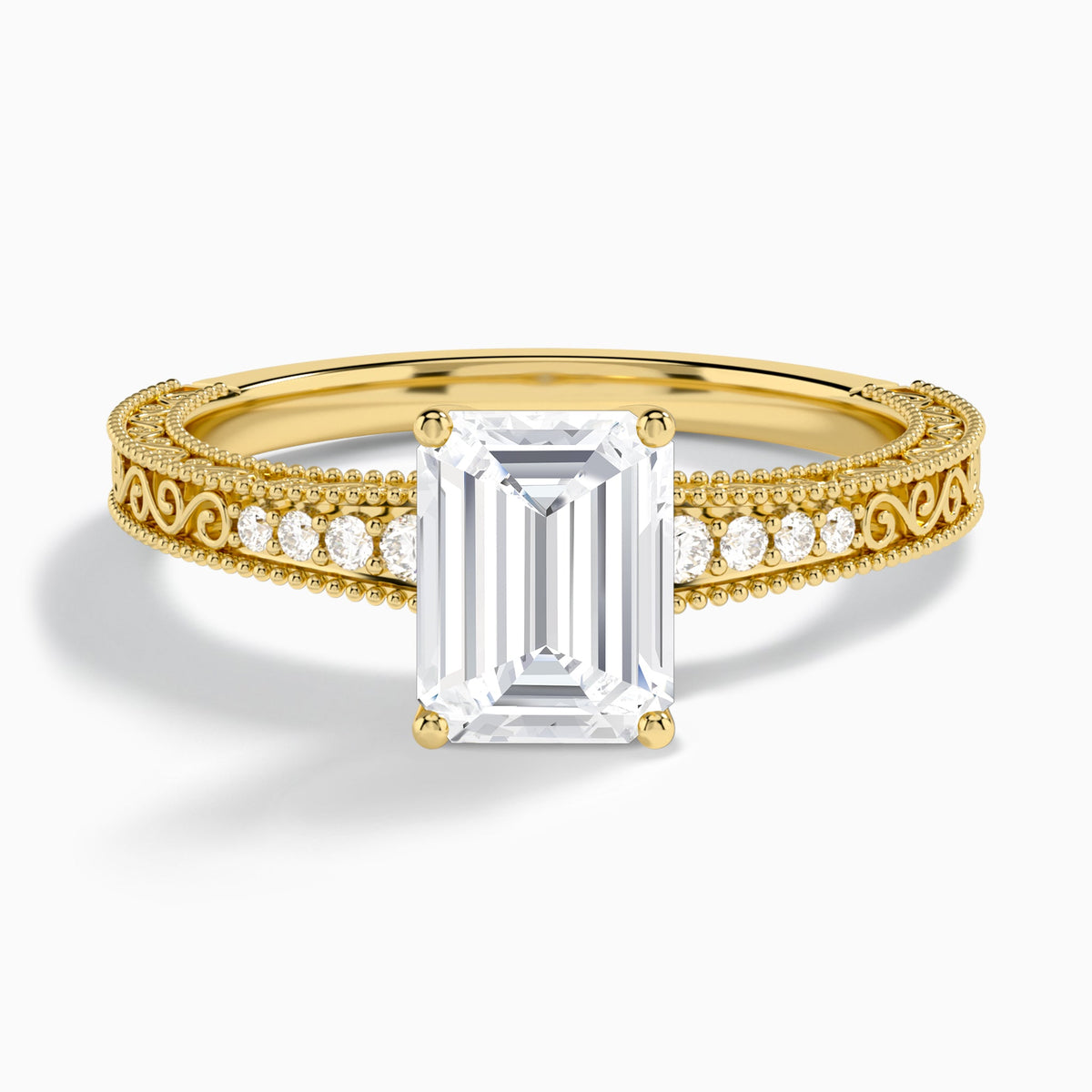 Emerald Luxe Engraved Lab Diamond Engagement Ring In 18K Yellow Gold - Lucenjuri