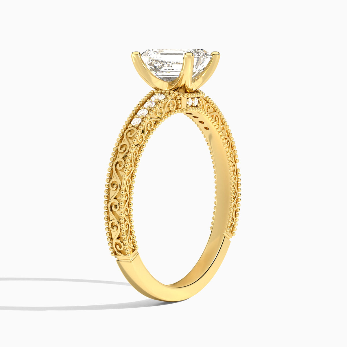Emerald Luxe Engraved Lab Diamond Engagement Ring In 18K Yellow Gold, Angle View