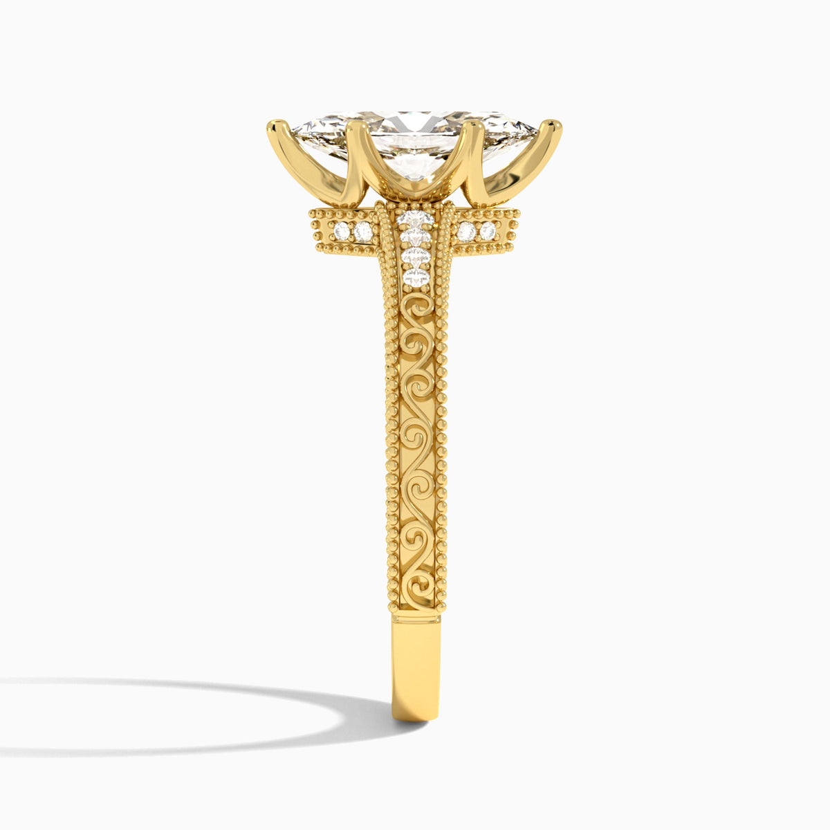 Marquise Luxe Engraved Lab Diamond Engagement Ring In 14K Yellow Gold, Side View